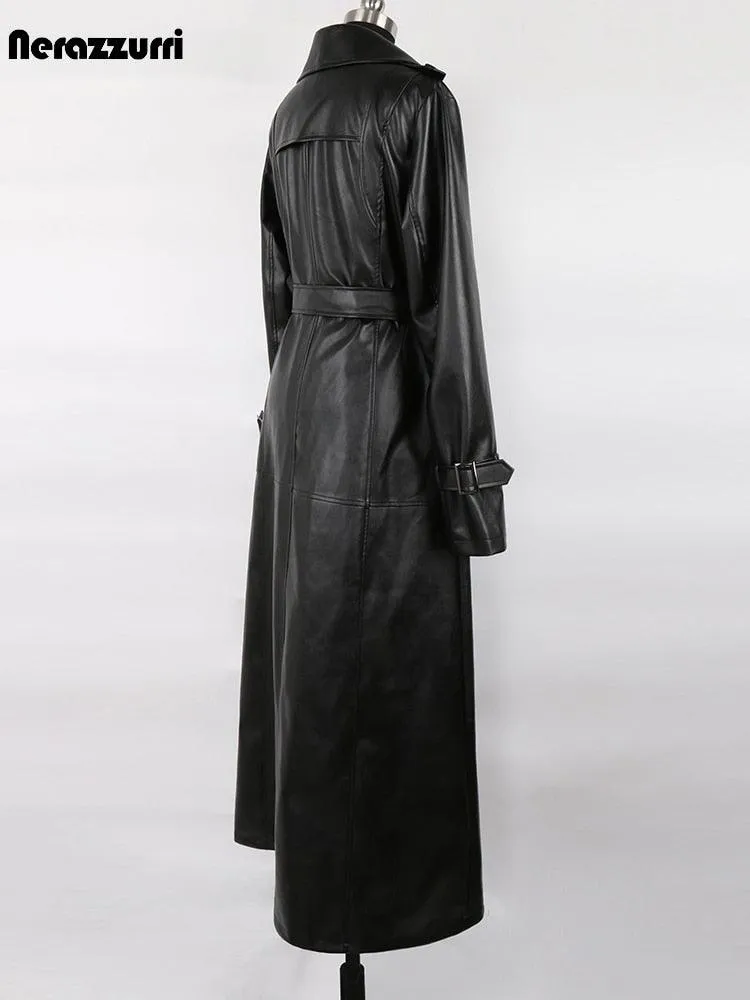 Extra Long Black PU Leather Trench Coat Waterproof