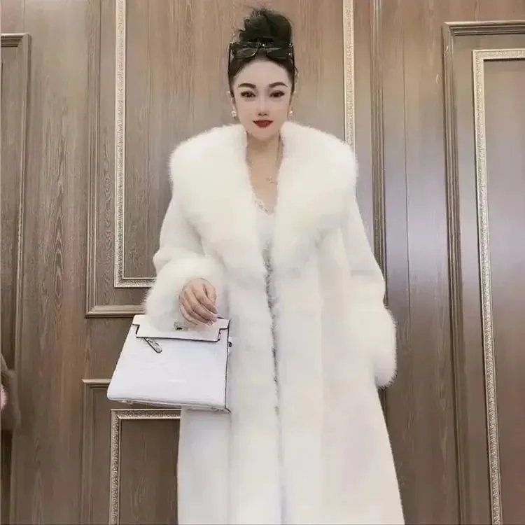Faux Fur Coats Women Long Coat Thick Warm Turn Down Collar Elegant Maxi Open Stitch Spring Outerwear Autumn Winter Jackets