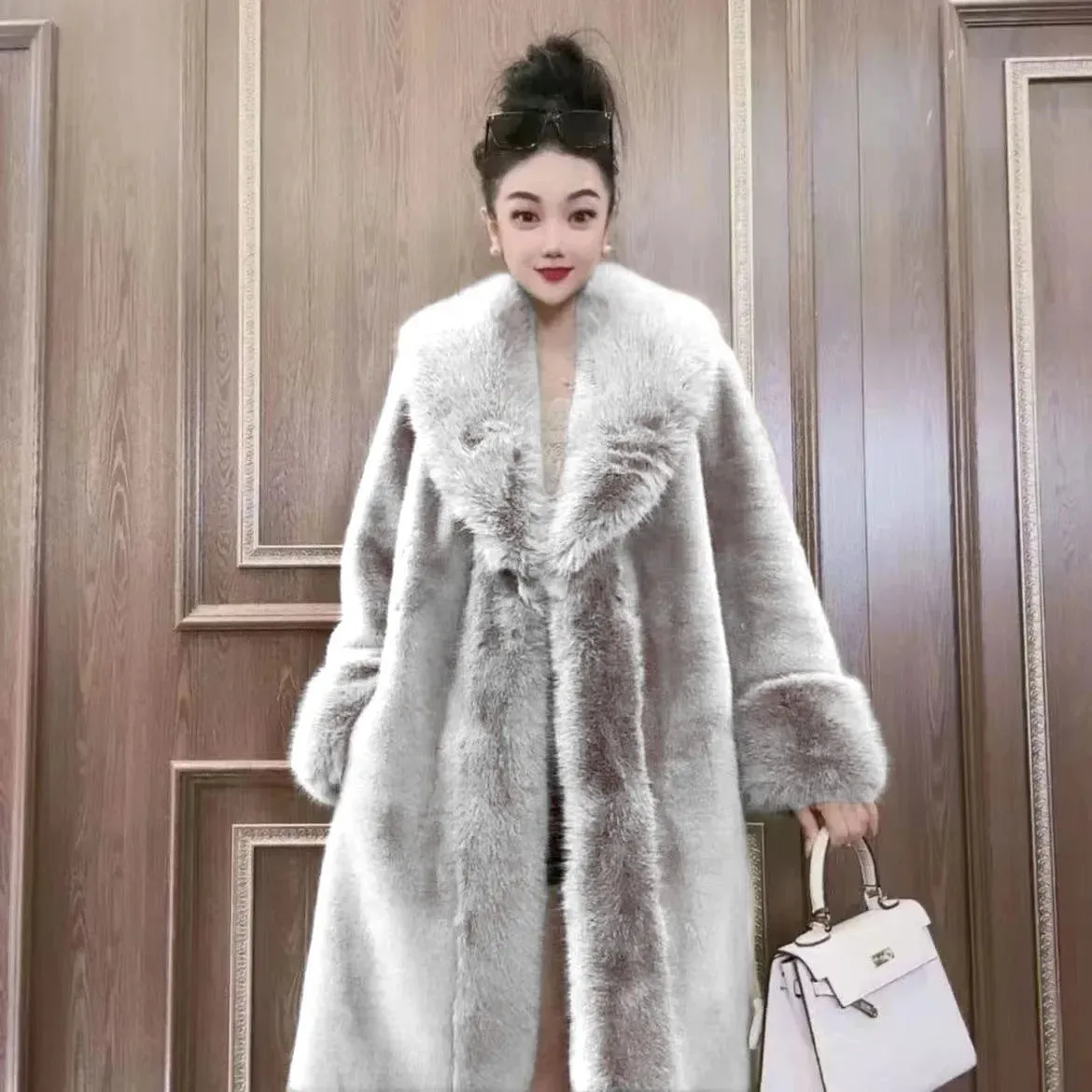 Faux Fur Coats Women Long Coat Thick Warm Turn Down Collar Elegant Maxi Open Stitch Spring Outerwear Autumn Winter Jackets