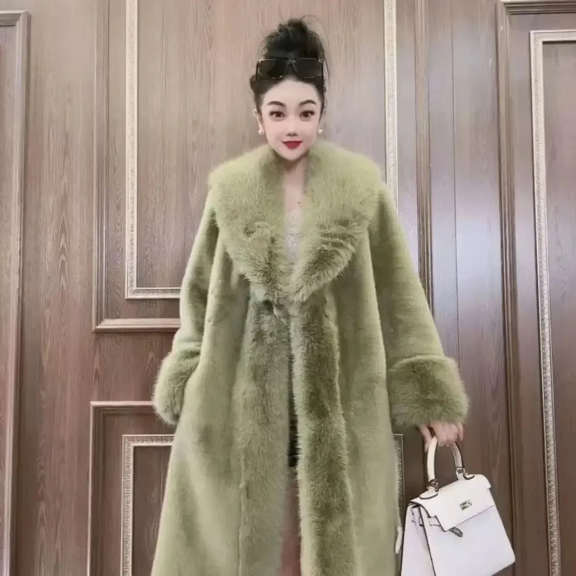Faux Fur Coats Women Long Coat Thick Warm Turn Down Collar Elegant Maxi Open Stitch Spring Outerwear Autumn Winter Jackets
