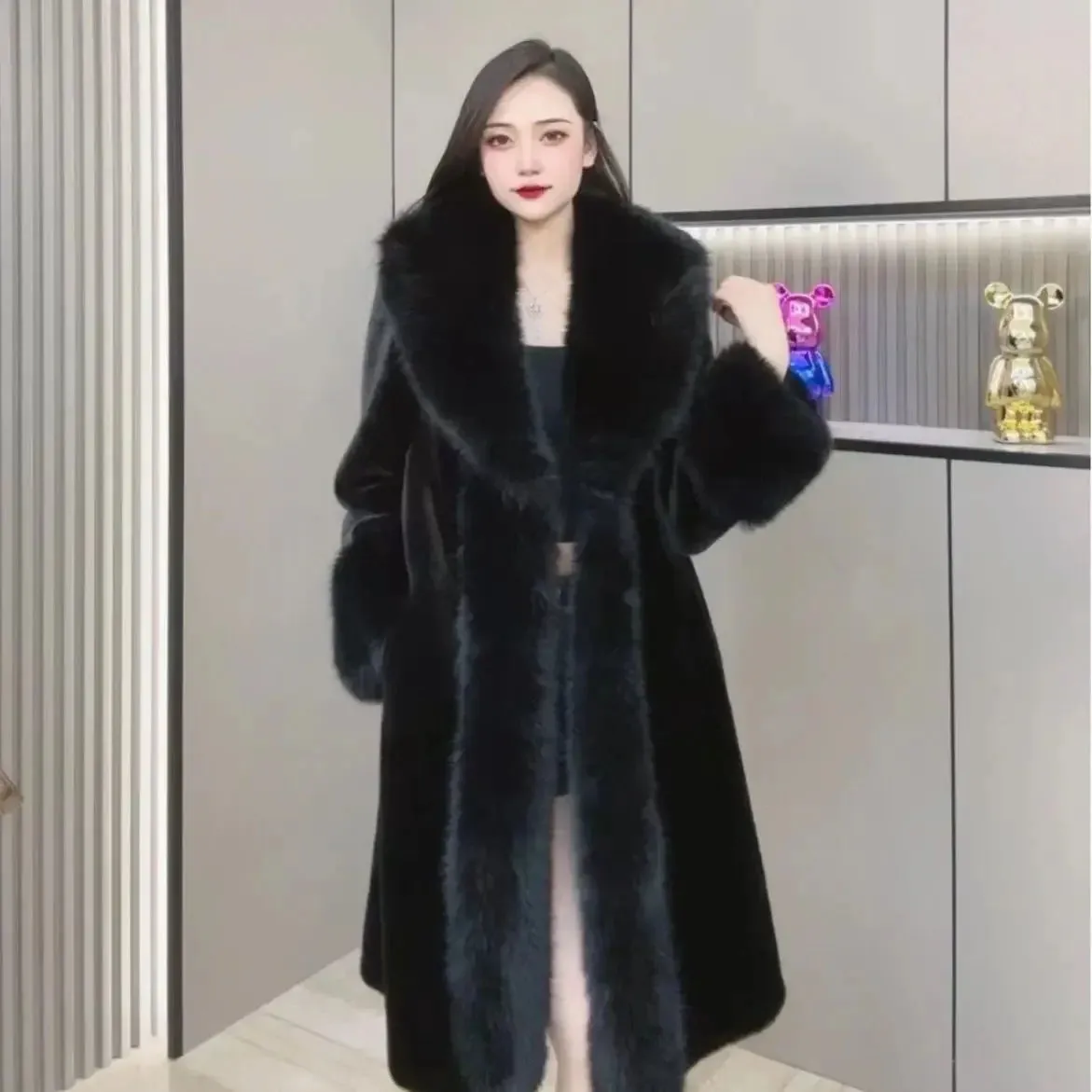 Faux Fur Coats Women Long Coat Thick Warm Turn Down Collar Elegant Maxi Open Stitch Spring Outerwear Autumn Winter Jackets