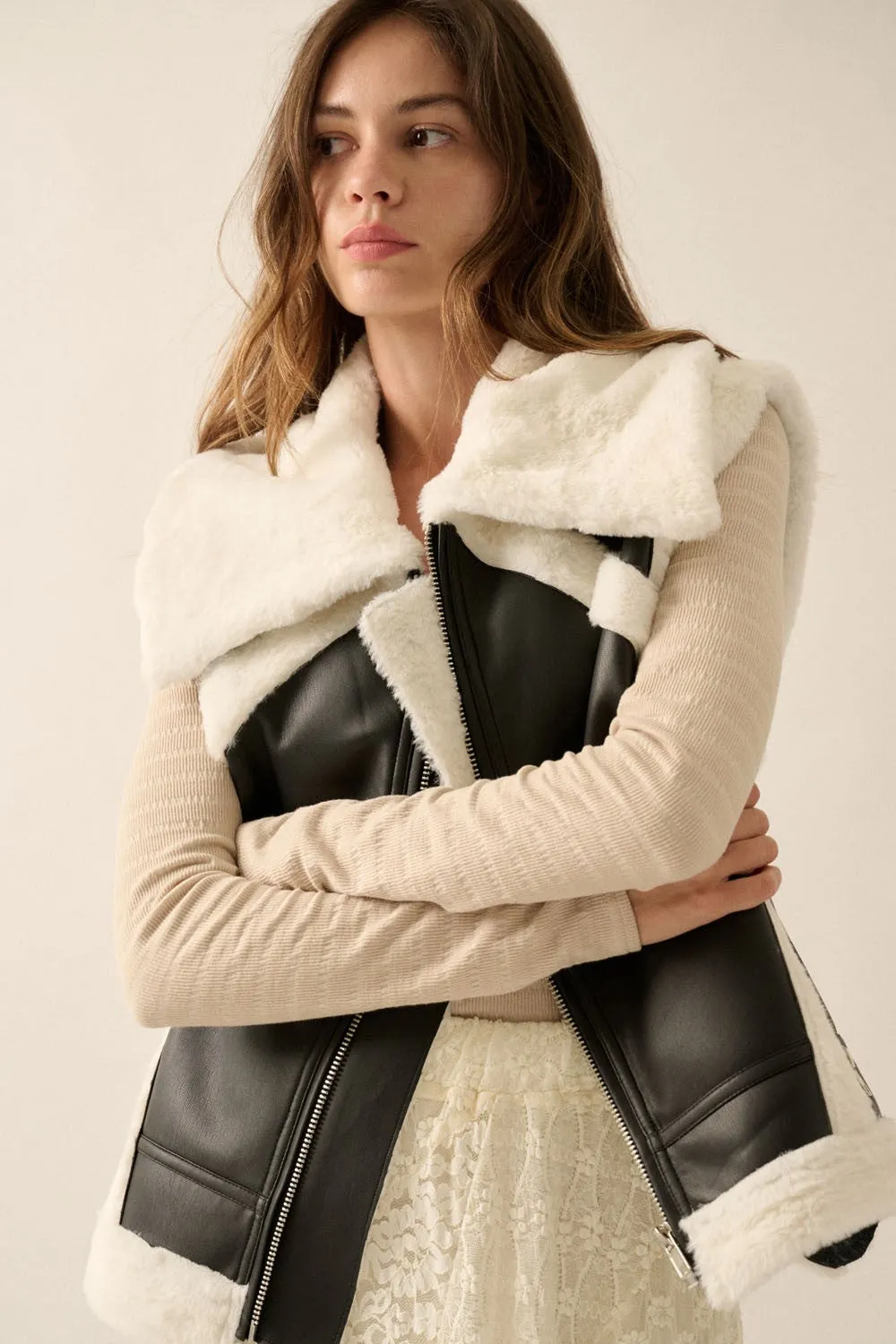 Faux Leather & Faux Fur Collared Vest
