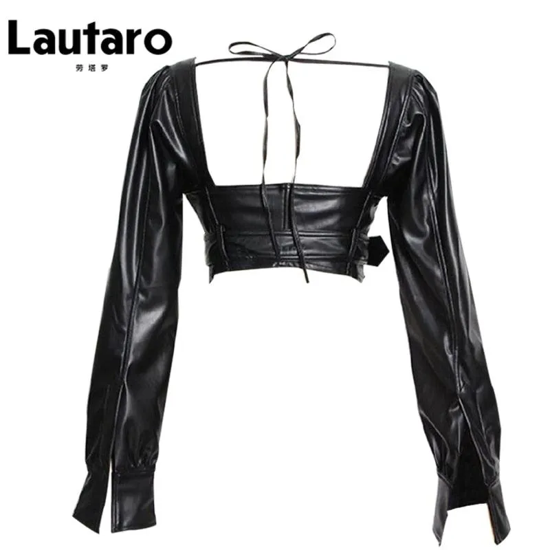 Faux Leather Crop Top  Square Neck Long Sleeve Zipper