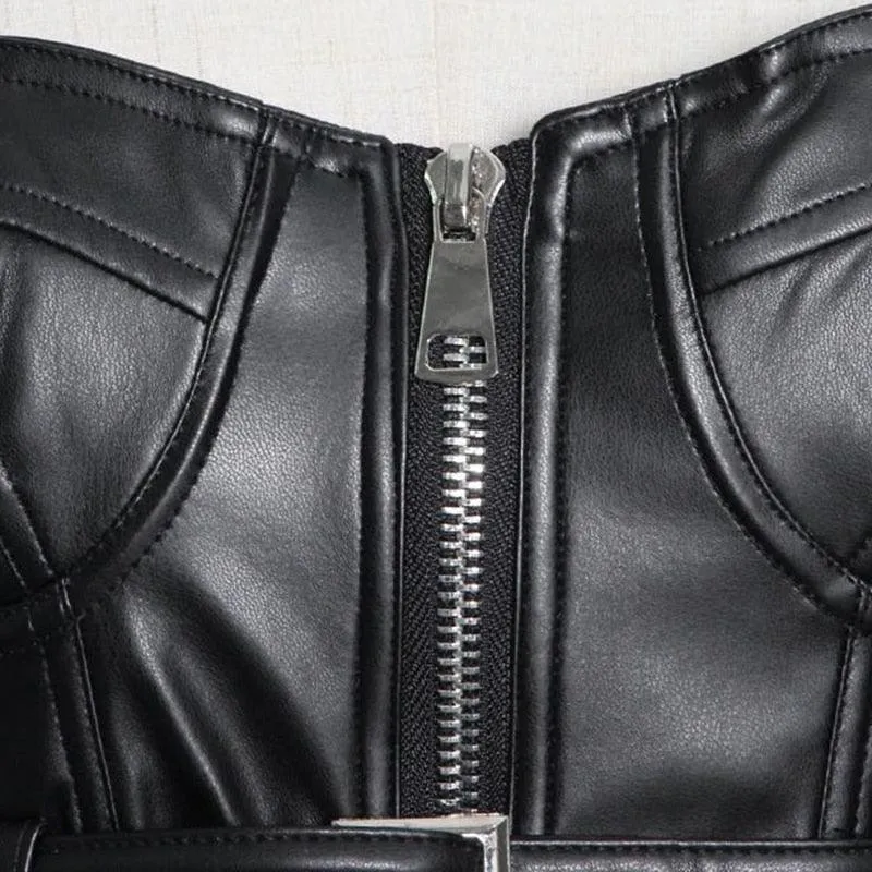Faux Leather Crop Top  Square Neck Long Sleeve Zipper