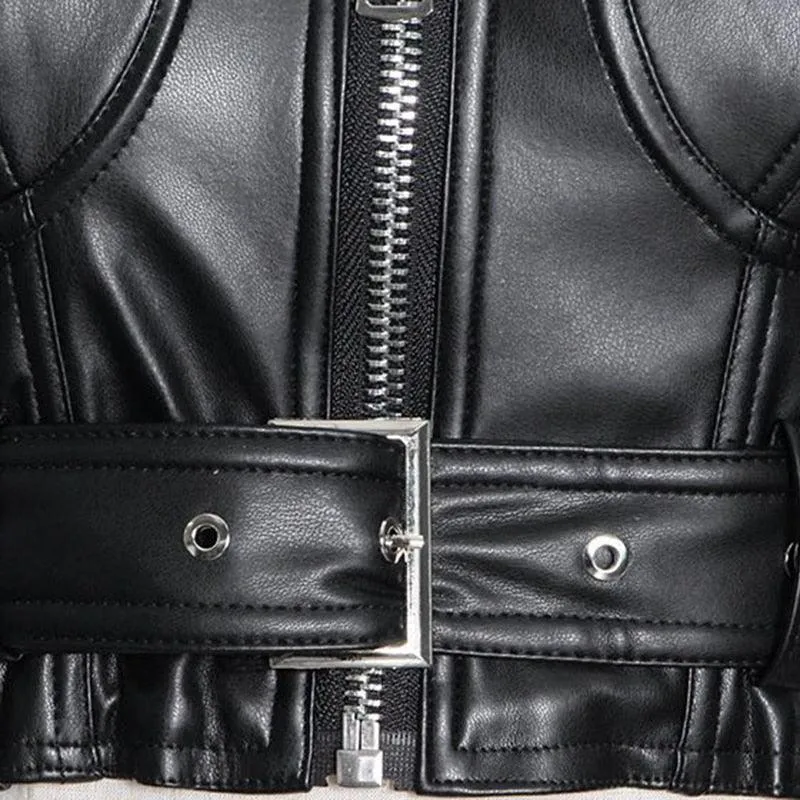 Faux Leather Crop Top  Square Neck Long Sleeve Zipper