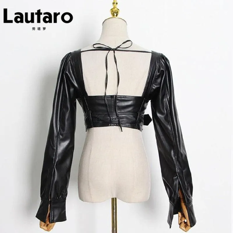 Faux Leather Crop Top  Square Neck Long Sleeve Zipper