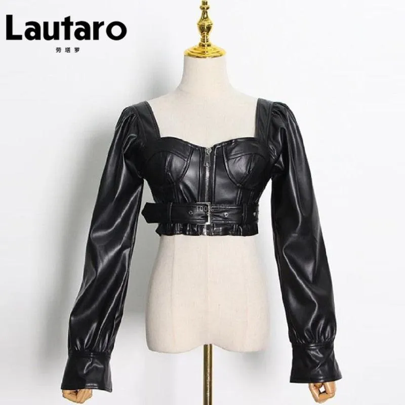 Faux Leather Crop Top  Square Neck Long Sleeve Zipper