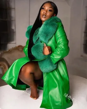 Faux Leather Green Jacket with Fur Collar
