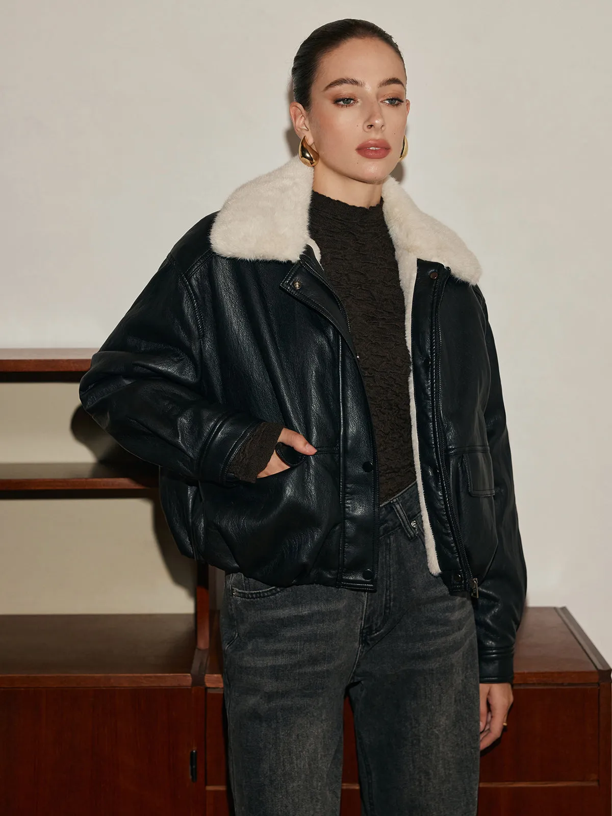 Fleece Lined Faux Leather Zipper Coat