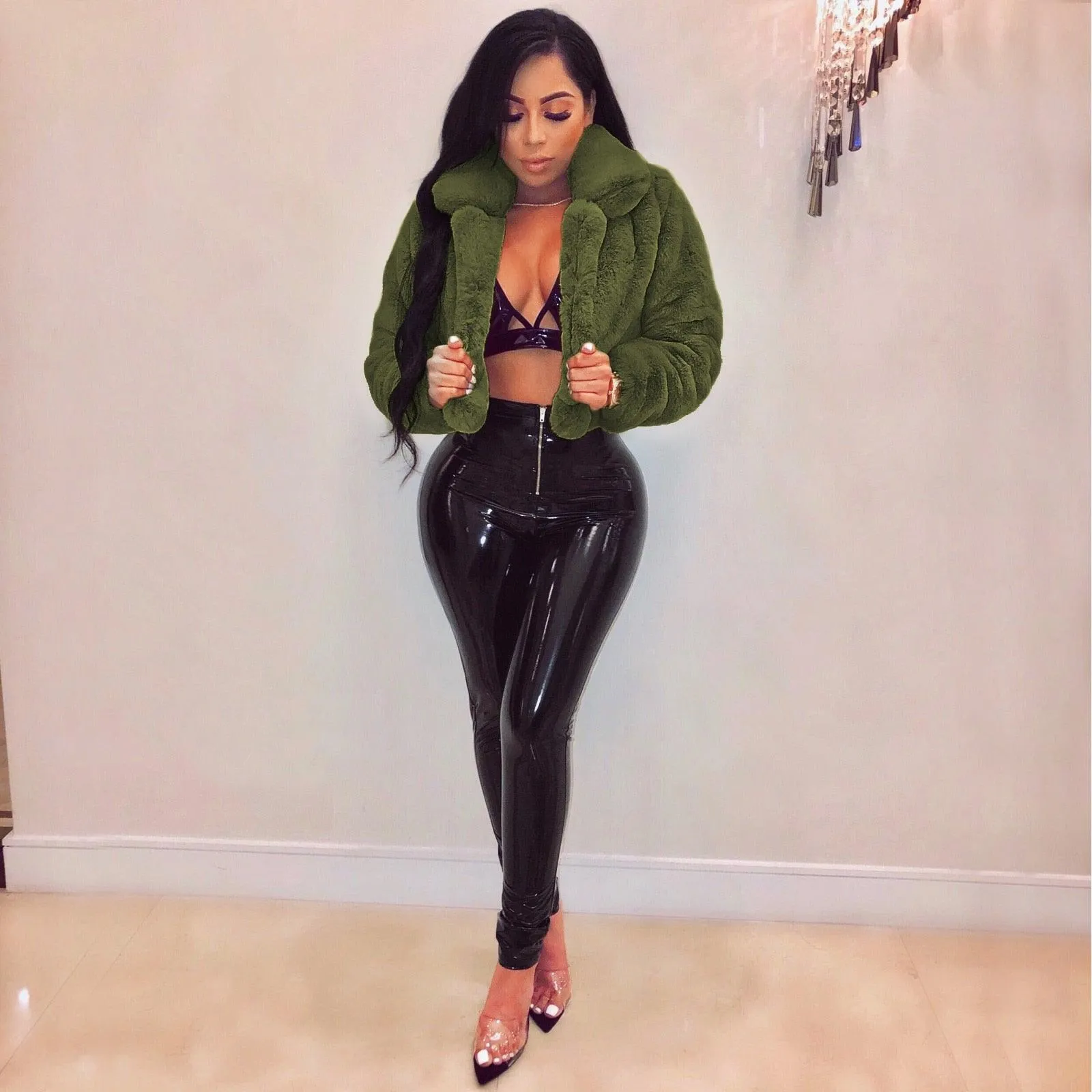 Fluffy Open Stitch Faux Fur Cropped Jacket with Long Sleeves
