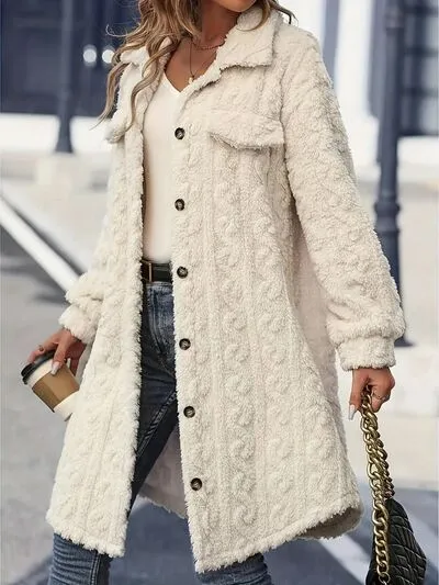 Fuzzy Long Sleeve Button Up Longline Coat