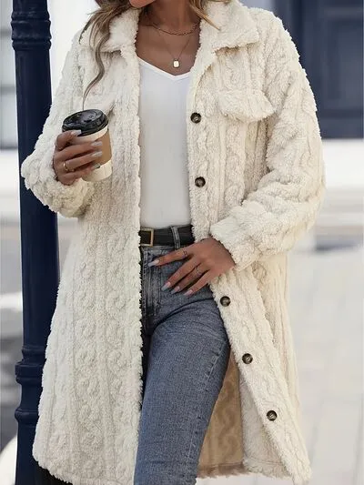 Fuzzy Long Sleeve Button Up Longline Coat