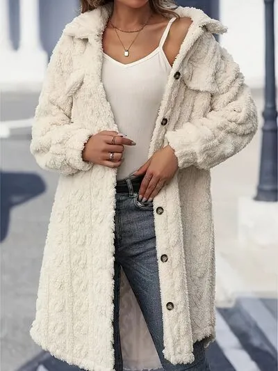 Fuzzy Long Sleeve Button Up Longline Coat