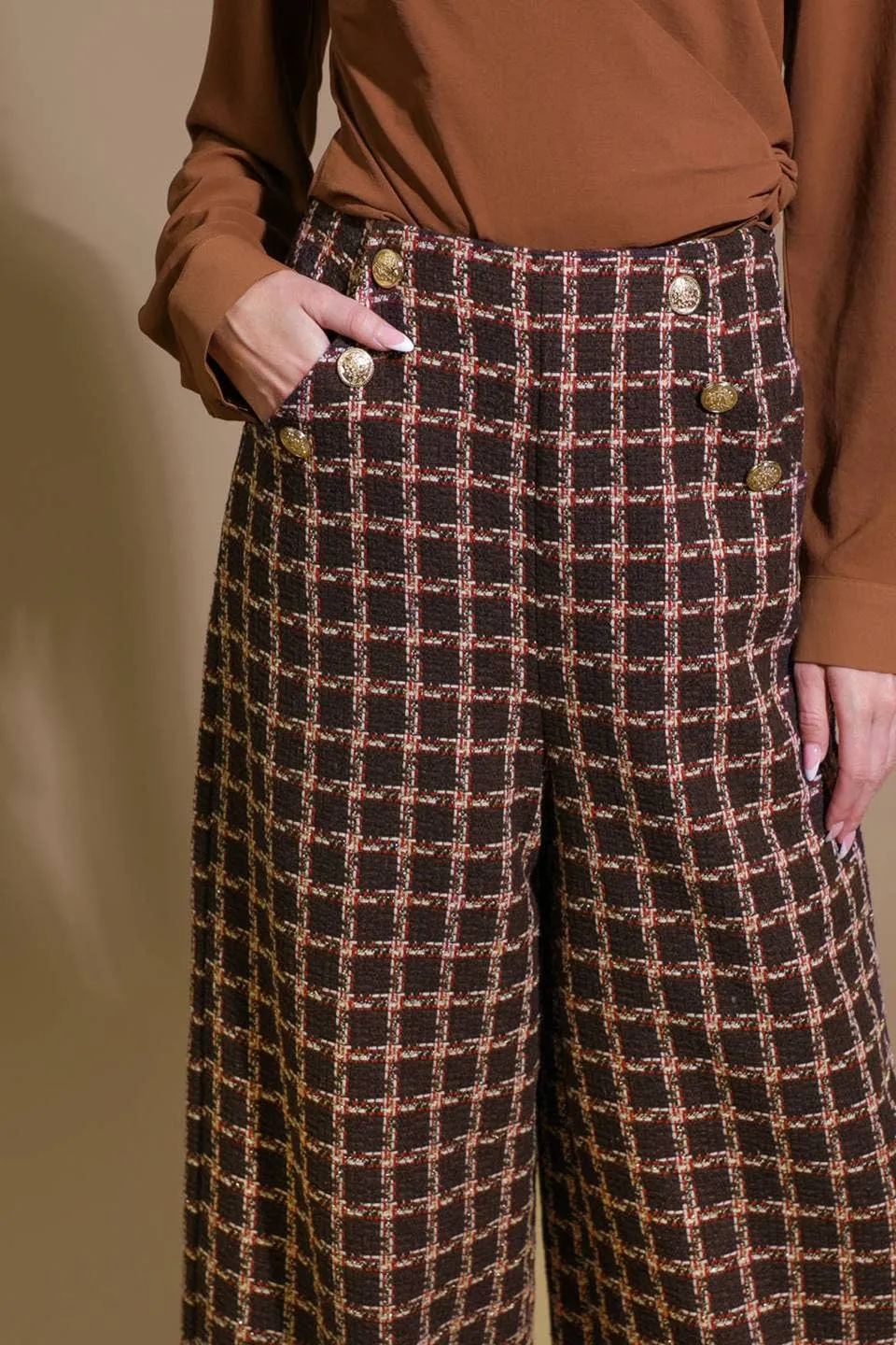 Gingham/Lined Wide-Leg Pants