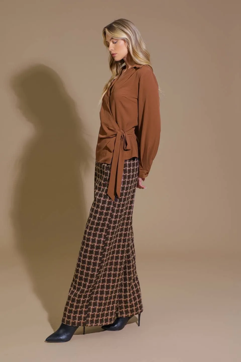 Gingham/Lined Wide-Leg Pants