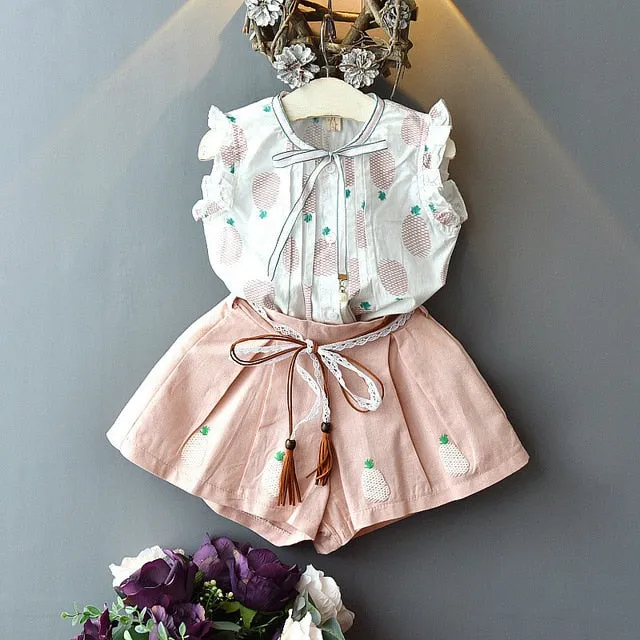 Girl Floral Sleeveless T-shirt Solid Shorts 2PCS Suit Fashion 3-7T