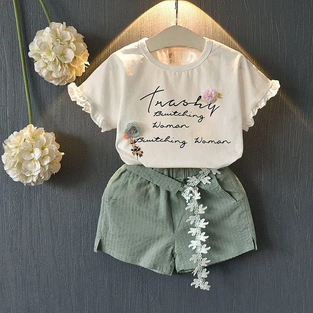 Girl Floral Sleeveless T-shirt Solid Shorts 2PCS Suit Fashion 3-7T