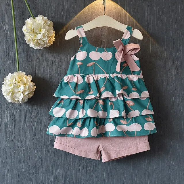 Girl Floral Sleeveless T-shirt Solid Shorts 2PCS Suit Fashion 3-7T