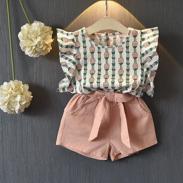 Girl Floral Sleeveless T-shirt Solid Shorts 2PCS Suit Fashion 3-7T