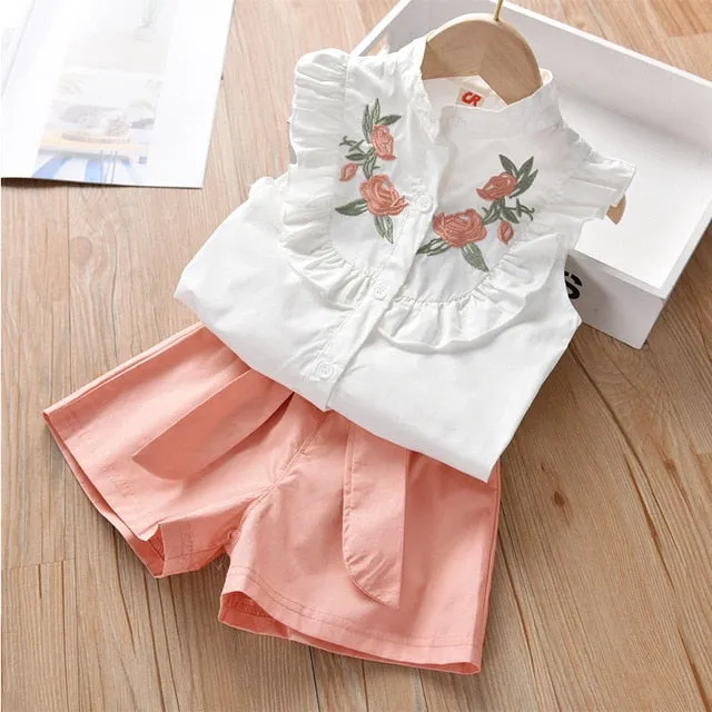 Girl Floral Sleeveless T-shirt Solid Shorts 2PCS Suit Fashion 3-7T