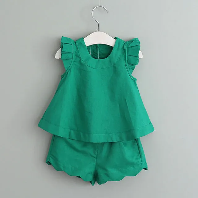 Girl Floral Sleeveless T-shirt Solid Shorts 2PCS Suit Fashion 3-7T