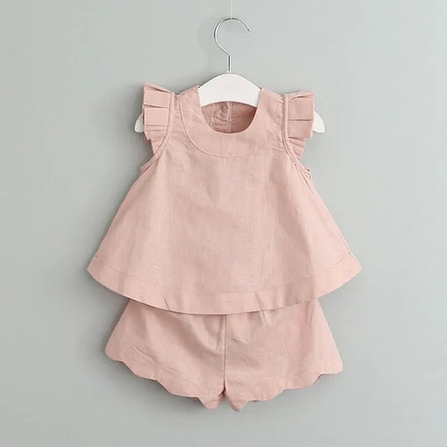 Girl Floral Sleeveless T-shirt Solid Shorts 2PCS Suit Fashion 3-7T