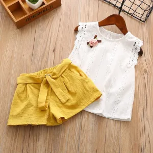Girl Floral Sleeveless T-shirt Solid Shorts 2PCS Suit Fashion 3-7T