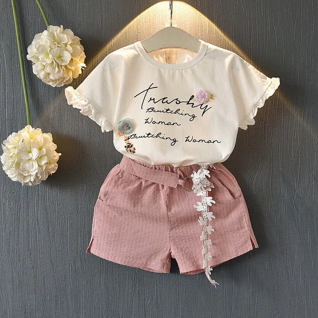 Girl Floral Sleeveless T-shirt Solid Shorts 2PCS Suit Fashion 3-7T