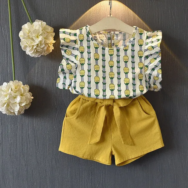 Girl Floral Sleeveless T-shirt Solid Shorts 2PCS Suit Fashion 3-7T