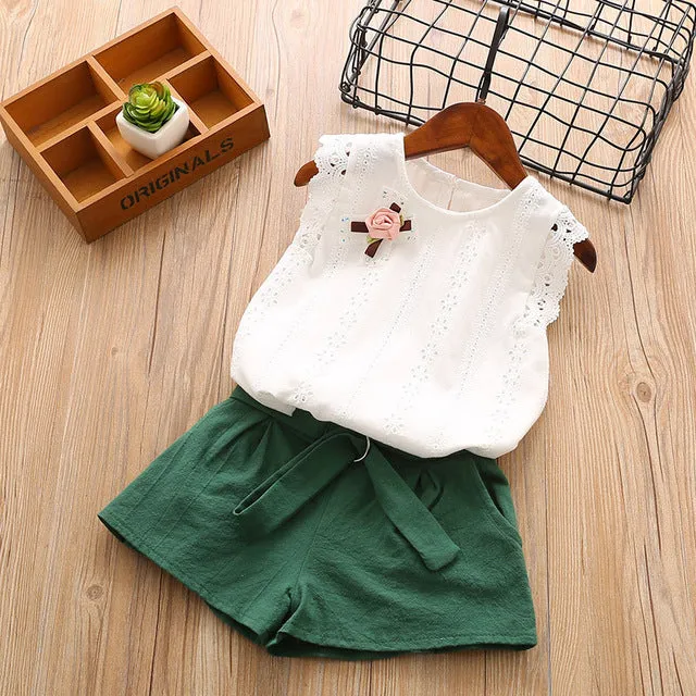 Girl Floral Sleeveless T-shirt Solid Shorts 2PCS Suit Fashion 3-7T