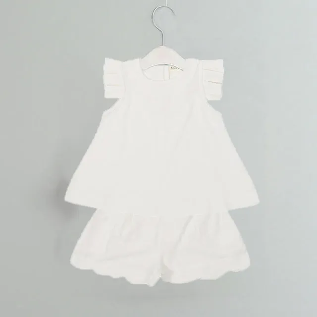 Girl Floral Sleeveless T-shirt Solid Shorts 2PCS Suit Fashion 3-7T