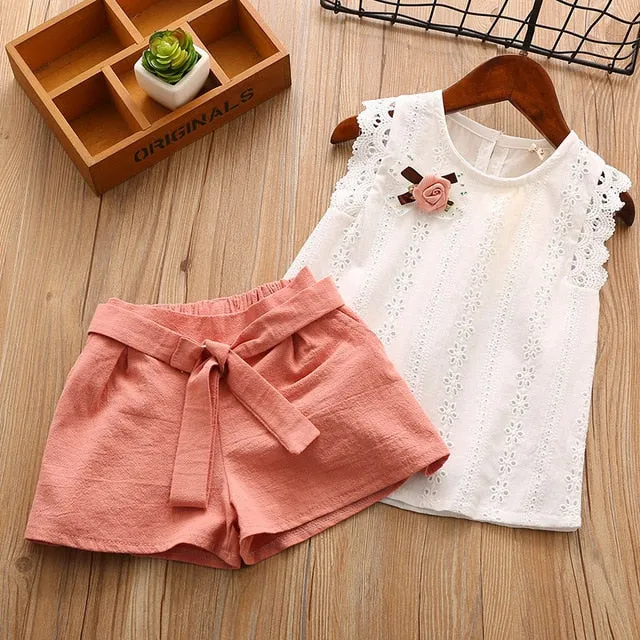 Girl Floral Sleeveless T-shirt Solid Shorts 2PCS Suit Fashion 3-7T