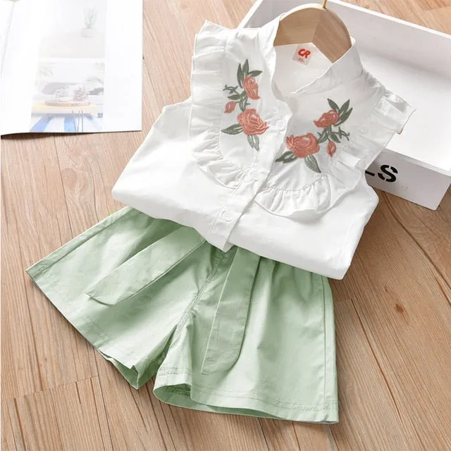 Girl Floral Sleeveless T-shirt Solid Shorts 2PCS Suit Fashion 3-7T
