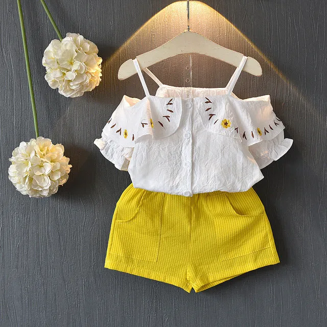 Girl Floral Sleeveless T-shirt Solid Shorts 2PCS Suit Fashion 3-7T