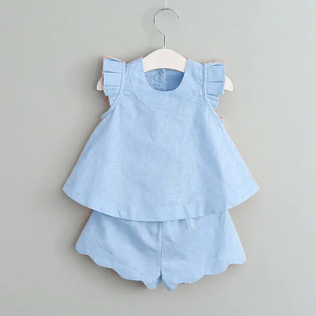 Girl Floral Sleeveless T-shirt Solid Shorts 2PCS Suit Fashion 3-7T