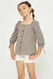 Girls Gingham Tie Sleeve Buttoned Blouse