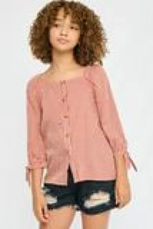 Girls Gingham Tie Sleeve Buttoned Blouse