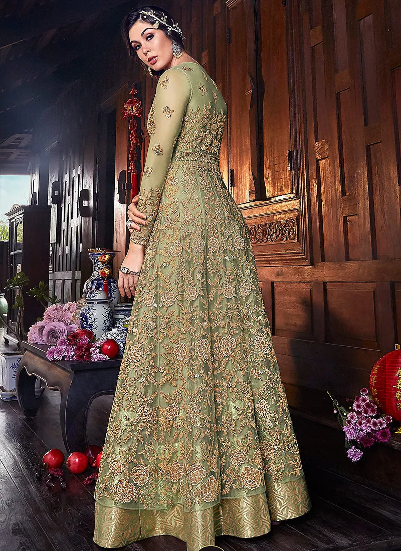 Green And Golden Zari Embroidered Anarkali Suit