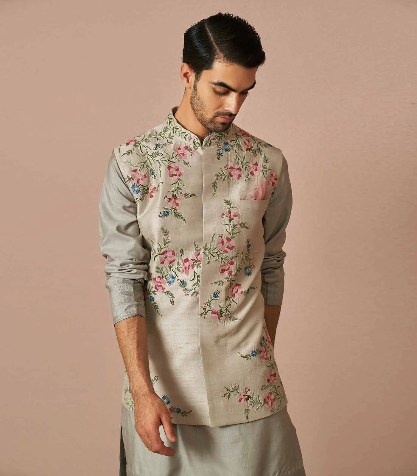 GREY RAWSILK IRIS THREAD EMBROIDERED BANDI KURTA SET