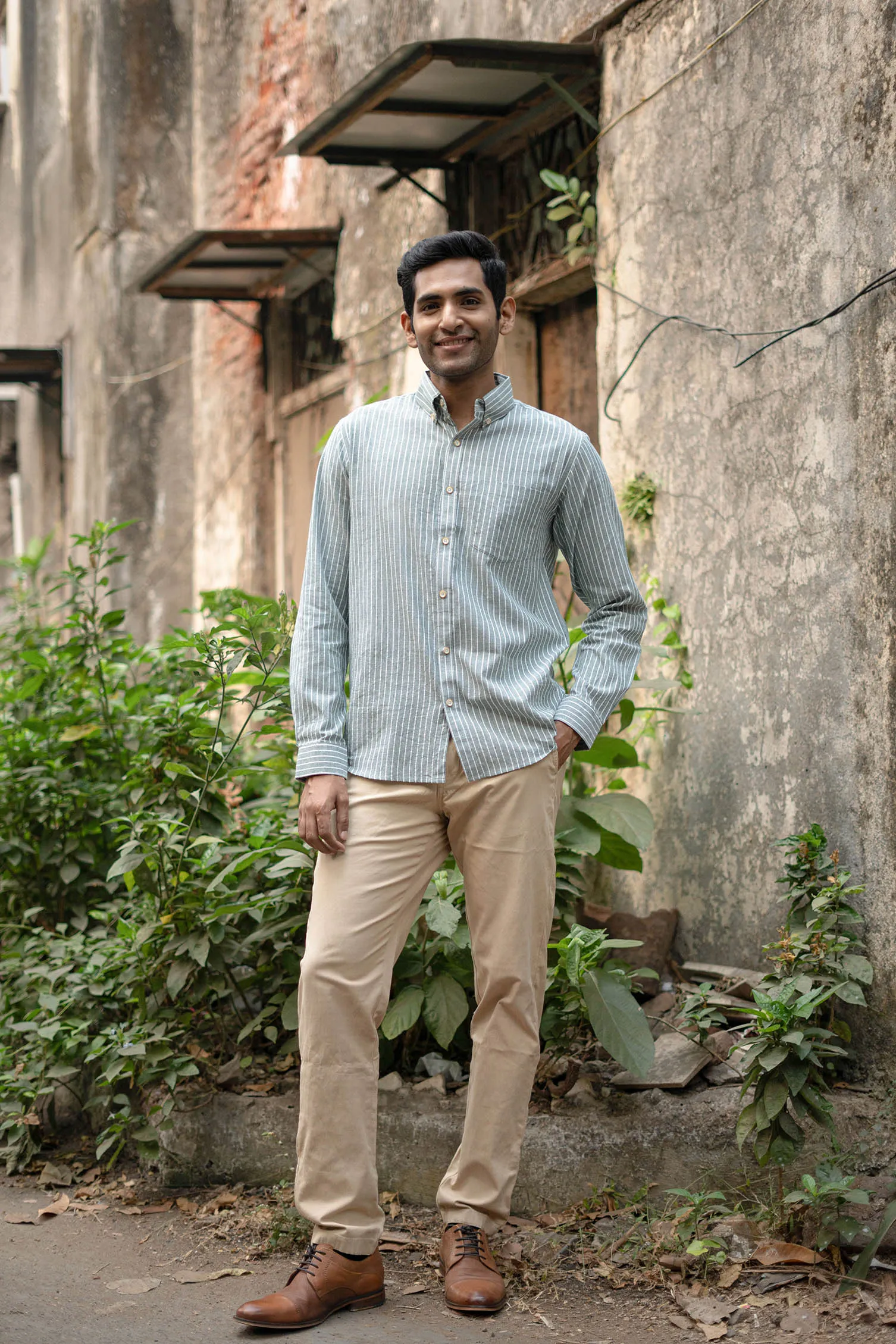 Greyish Green Stripes · Button Down Collar · Full Sleeve Shirt