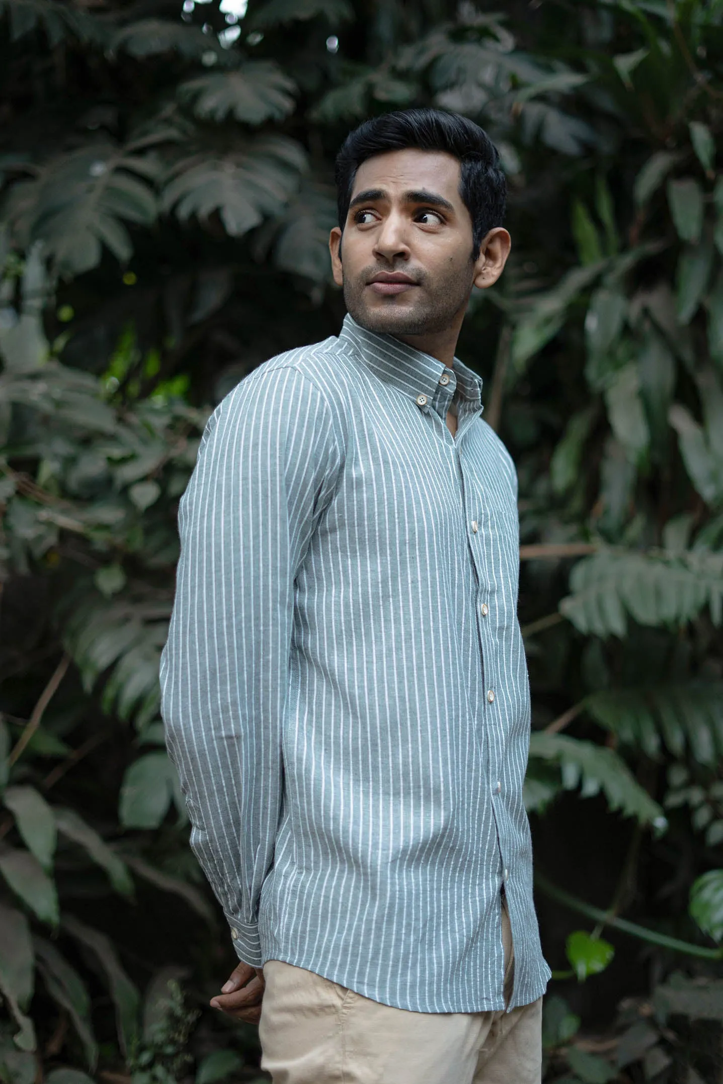 Greyish Green Stripes · Button Down Collar · Full Sleeve Shirt