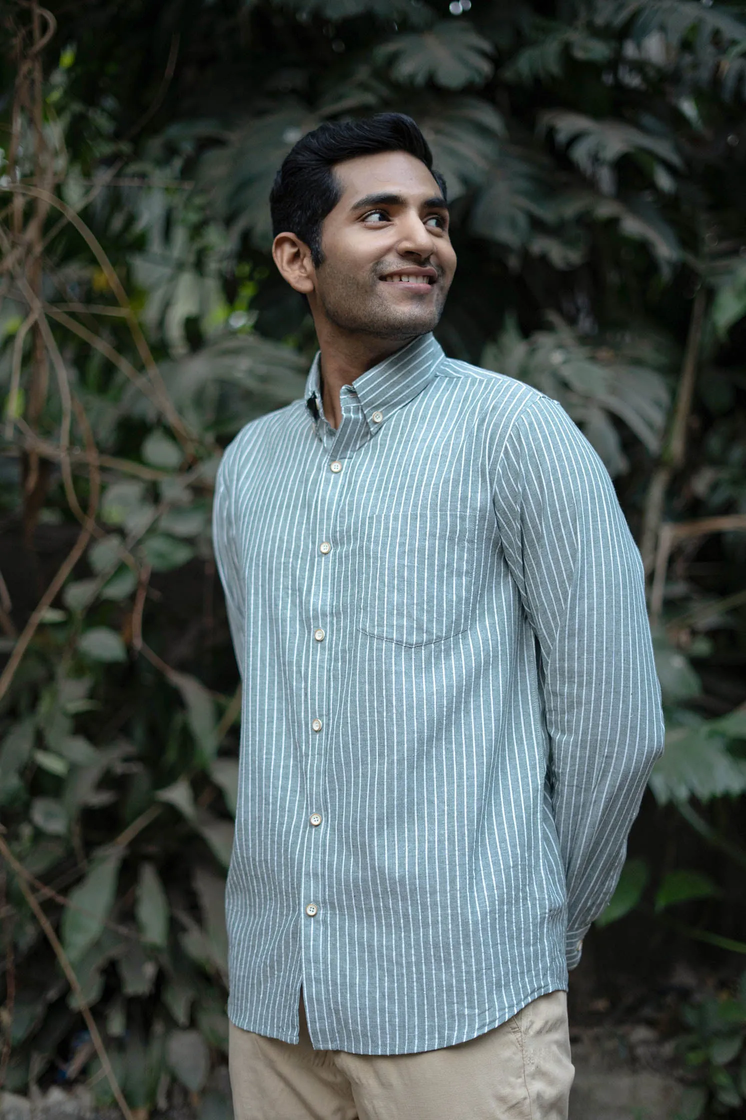 Greyish Green Stripes · Button Down Collar · Full Sleeve Shirt