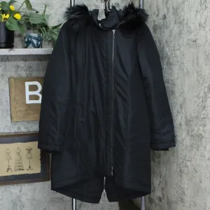 H by Halston Women's Hooded Down Parka With Faux Fur Trim Black 10