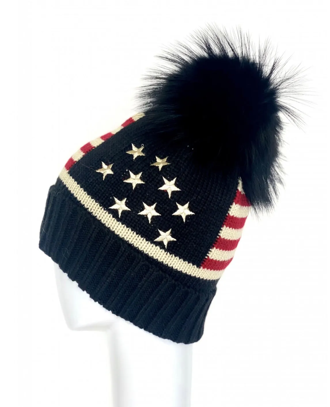 Hat, American Flag Stars and Stripes with Genuine Fur Pom - Linda Richards - Style HA52