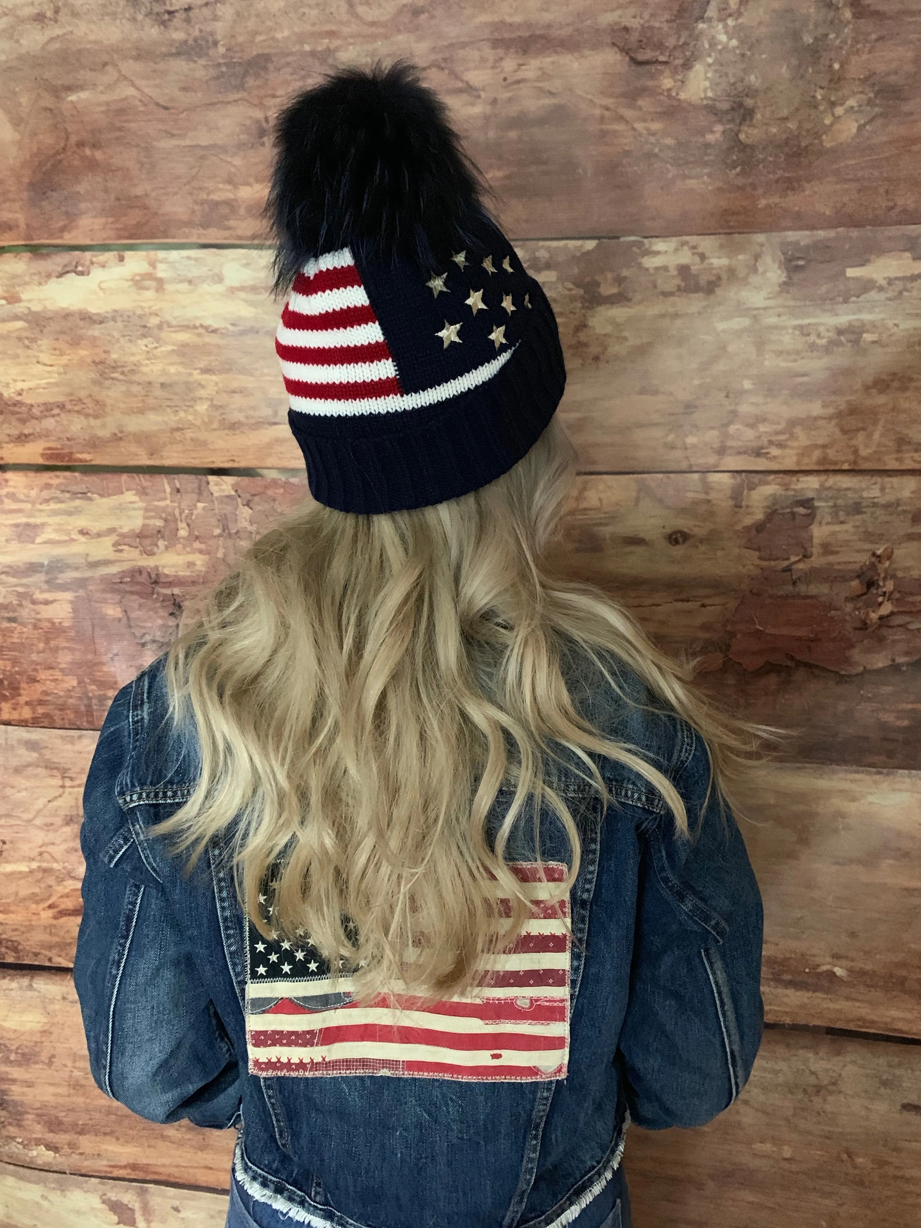 Hat, American Flag Stars and Stripes with Genuine Fur Pom - Linda Richards - Style HA52