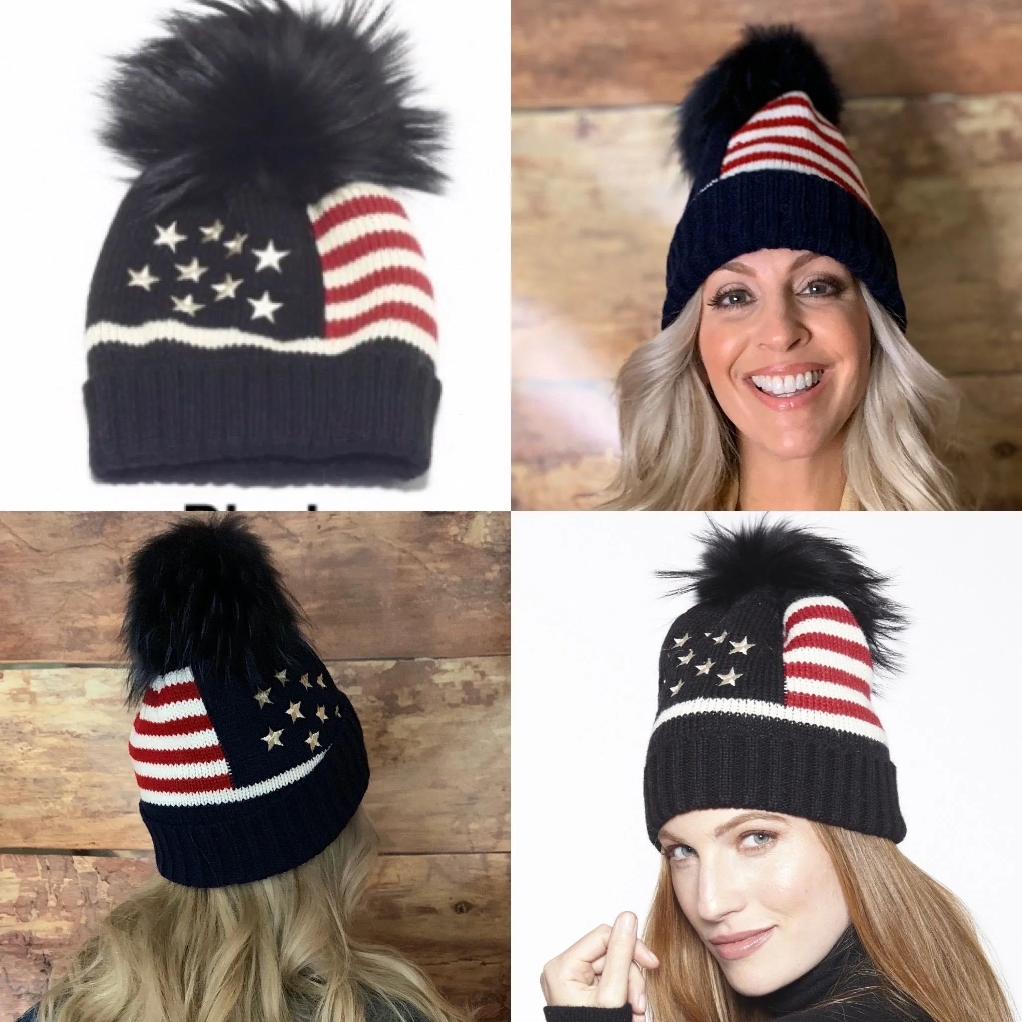 Hat, American Flag Stars and Stripes with Genuine Fur Pom - Linda Richards - Style HA52