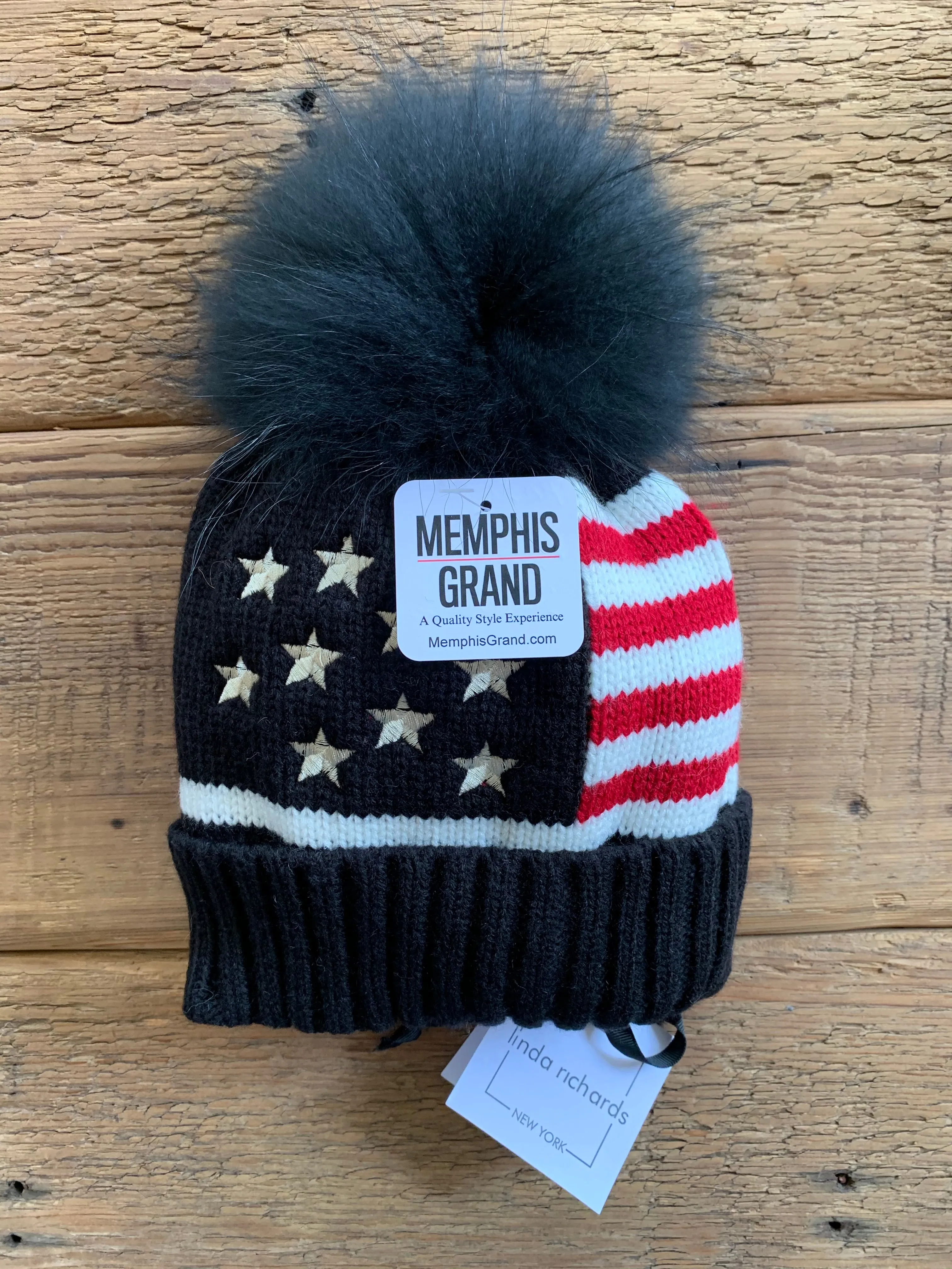 Hat, American Flag Stars and Stripes with Genuine Fur Pom - Linda Richards - Style HA52