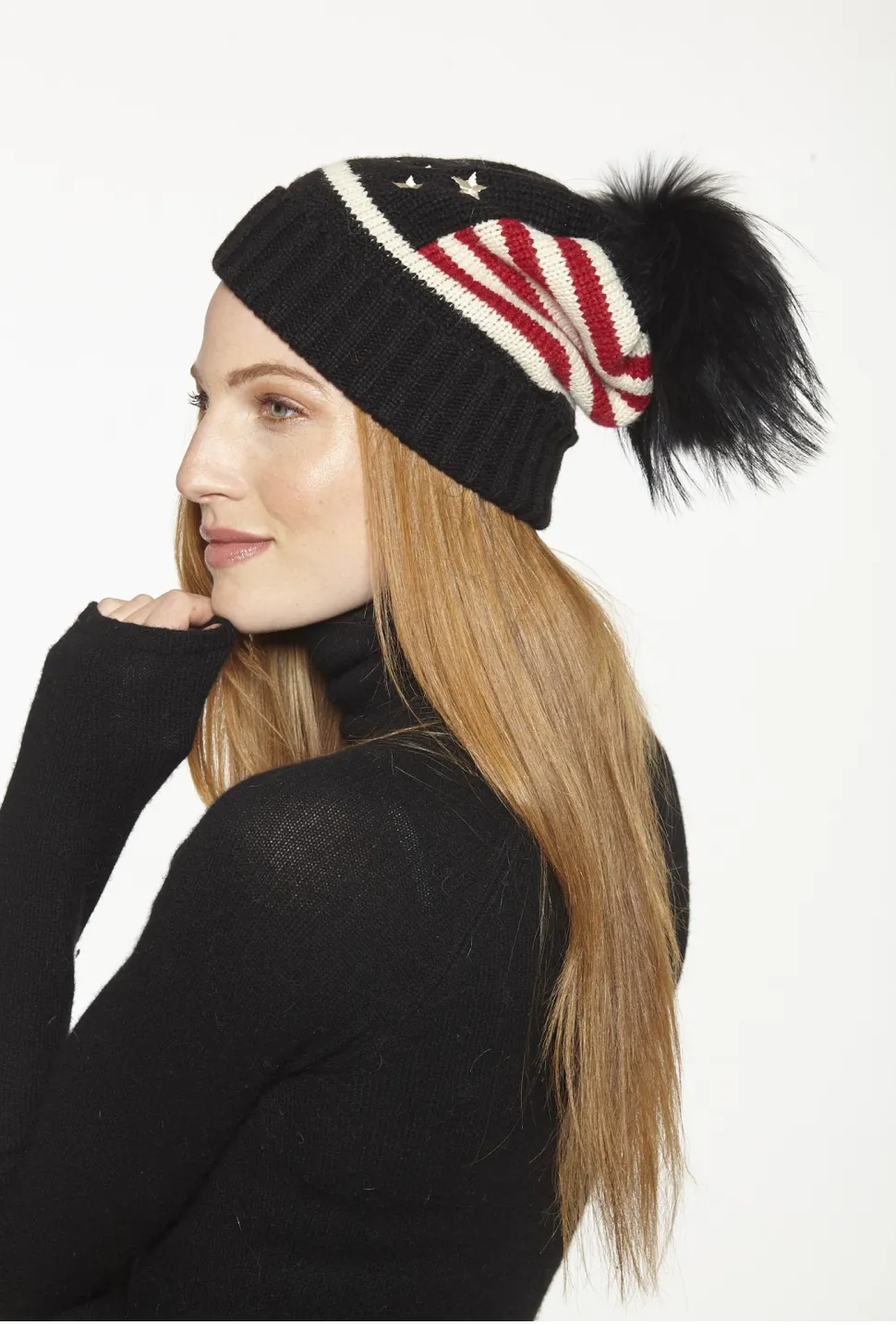Hat, American Flag Stars and Stripes with Genuine Fur Pom - Linda Richards - Style HA52