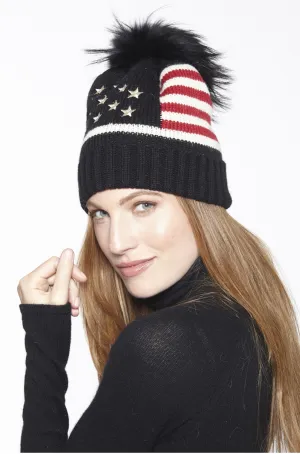 Hat, American Flag Stars and Stripes with Genuine Fur Pom - Linda Richards - Style HA52