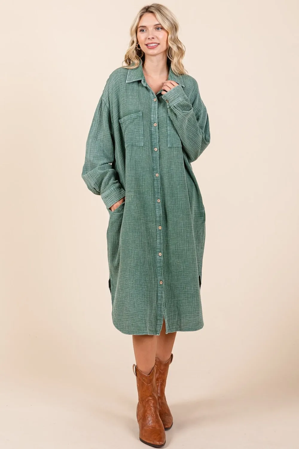 Hazel Blues® |  Mittoshop Mineral Wash Cotton Gauze Midi Shirt Dress